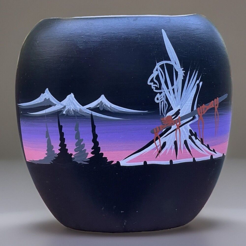Navajo Hand Painted Pottery Seed Jar Vase Black 6" Southwestern Art Signed